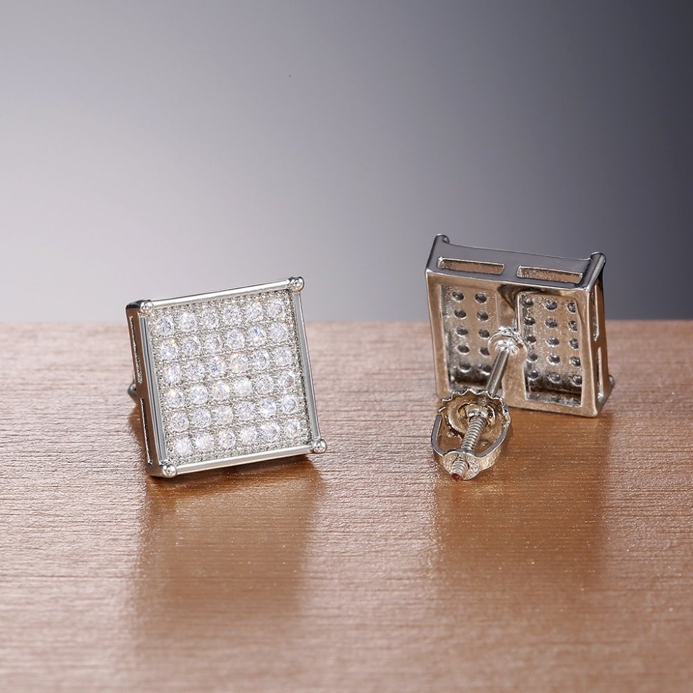 Unisex Silver Plated CZ Square Stud Earrings - Picture 7 of 7